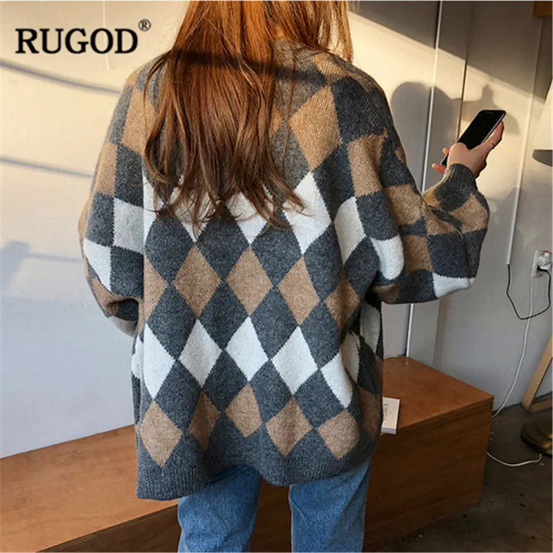 RUGOD, винтажные Модные женские рождественские кардиганы, клетчатые повседневные женские свитера с v-образным вырезом, вязанная зимняя одежда, pull femme hiver