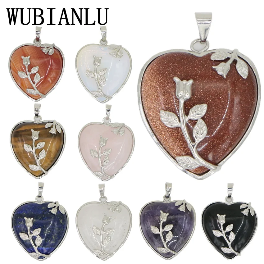 

WUBIANLU Natural Stone Opal Lapis Lazuli Crystal Tiger Eye Onyx Chalcedony Heart Pendants Charms For Jewelry Making Good Quality