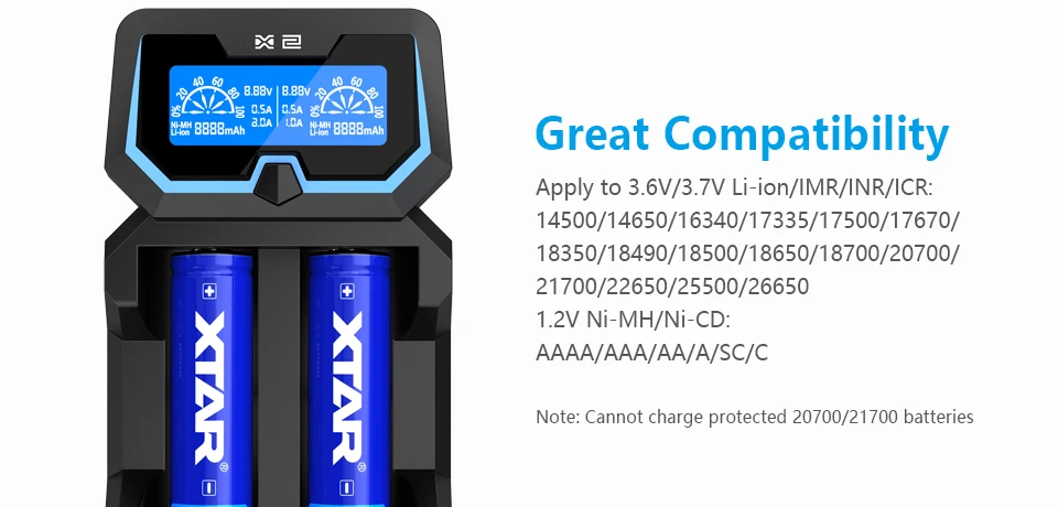 XTAR Зарядное устройство X2 быструю зарядку ЖК-дисплей литий-ионный Тип/металл-гидридных или никель 3,7 V Батарея Зарядное устройство для 18500/18700/22650/26650/18650/20700/21700 Батарея