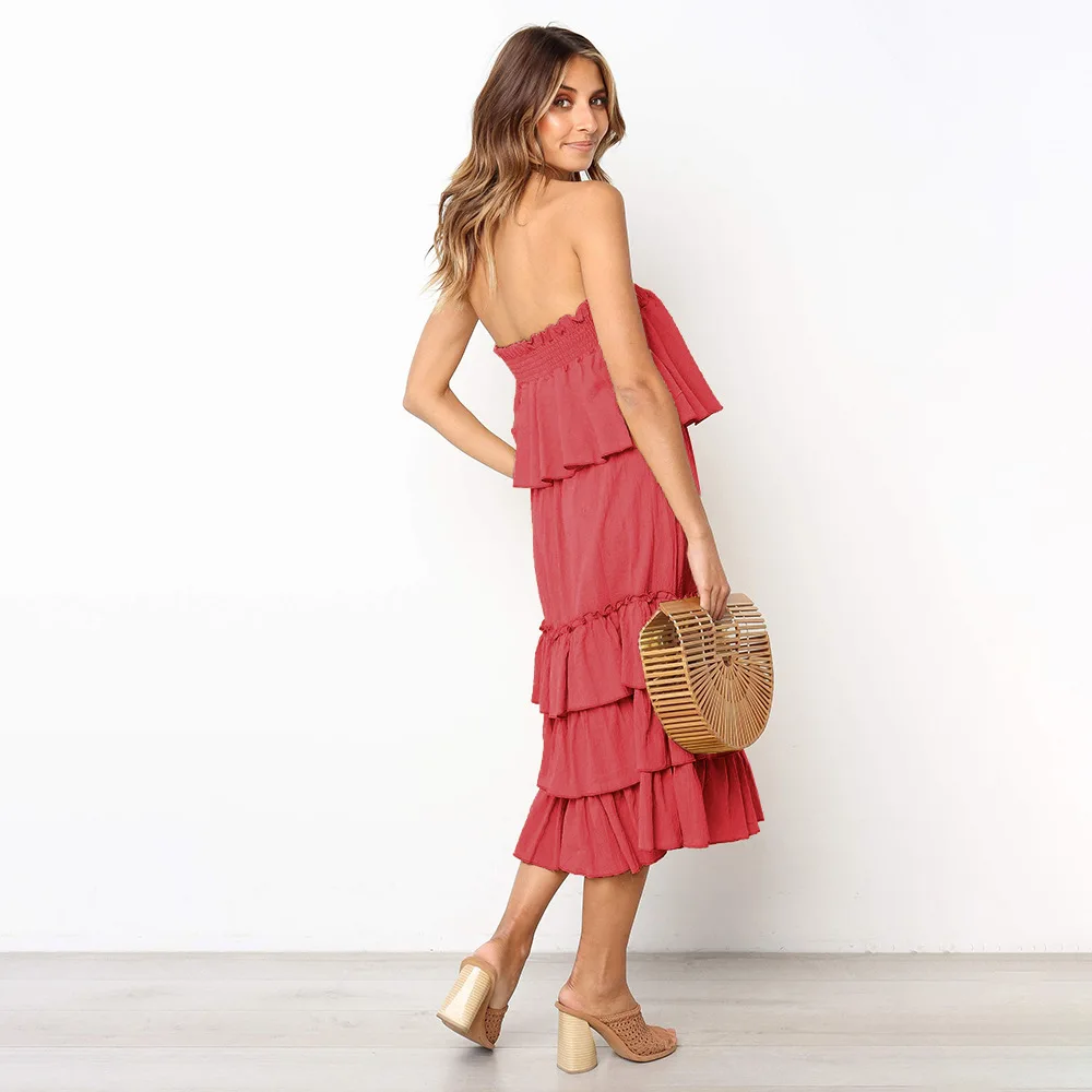 

Uguest Women Two Piece Dress Cake Cascading Ruffles Pleated Dress Sleveless Strapless Sexy Loose Dresses Party Summer Vestidos