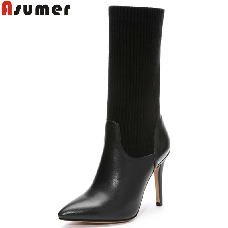 Женские ботинки до середины икры ASUMER с острым носком на тонком высоком каблуке из