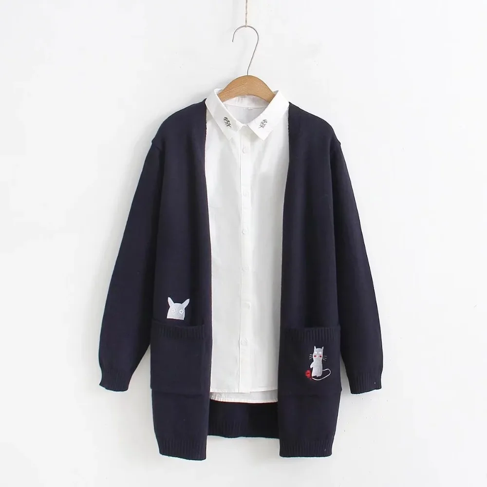 Cartoon Cat Embroidery On Pockets Long Sleeve Cardigans Casual Women Knitting Outwear 2018 Spring Autumn Knitwear |