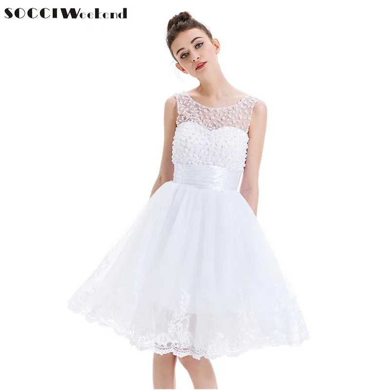 SOCCI/Новинка белое коктейльное платье из фатина без рукавов с кружевной