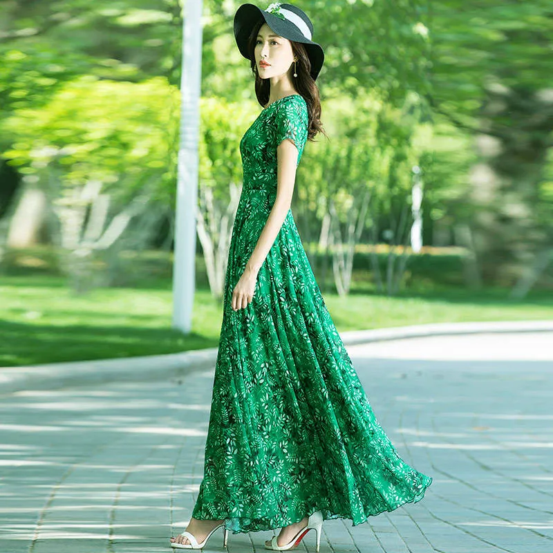 Женское платье с зеленым принтом богемное приталенное шифоновое праздничное