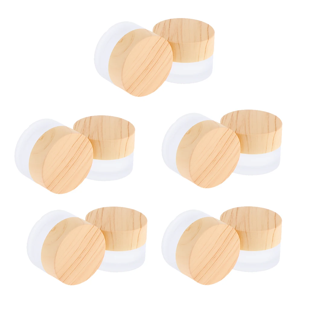 Set of 10 5g Environmental Wood Texture Lids Frosted Glass Bottles Cream Jars Empty Cosmetic Comtainers w/ Inner Linners | Красота и