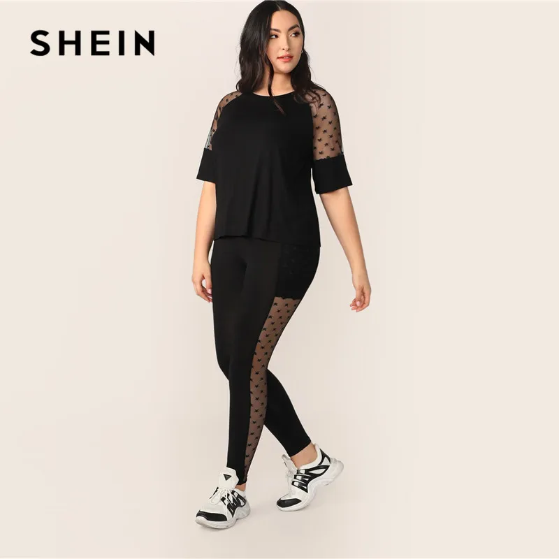 SHEIN, комплект из топа и леггинсов размера плюс, черная звезда, сетчатая вставка, рукав,, женский весенний комплект, полурукав реглан, эластичный, два предмета