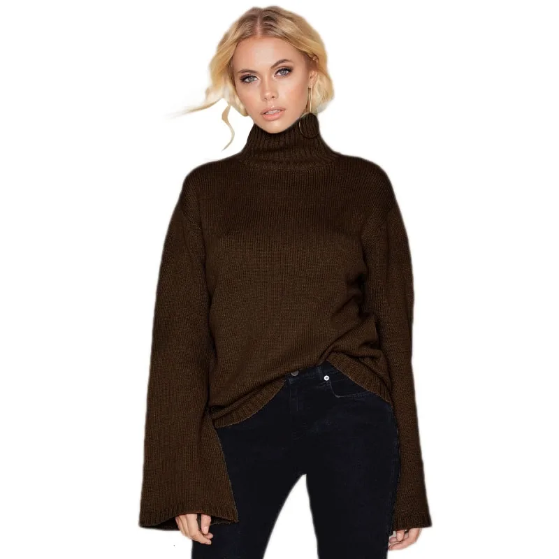 HDY Haoduoyi 2017 Cauaul Sweater Women Fashion Turtleneck Flare Sleeve Solid Coffee Lady Pullovers Brief Female Autumn Sweaters | Женская