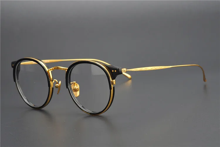 Titanium Vintage Round Optical Glasses Frame Men Brand Retro Clear Lens Eyeglasses Man Myopia Spectacles Frames Eyewear Oculos - Цвет оправы: Black Gold