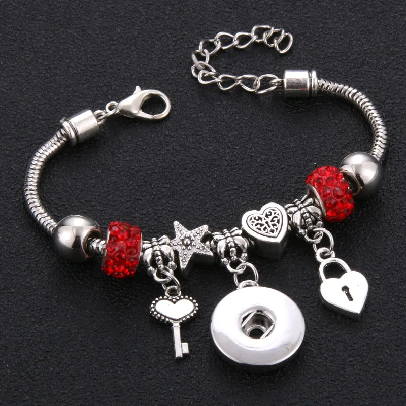 

2019 New Heart Snap Button Bracelet Lobster Buckle Snake Chain Bangles Beaded Snap Bracelet Fit 18MM Snap Button Jewelry