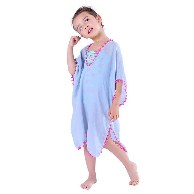 Blue Vertvie Baby Girls Swim Dresses Kids Beach Cover-Ups Tassel Hook Flower Fringe Sundress Child Summer Swimwear Cover Up - Цвет: Blue
