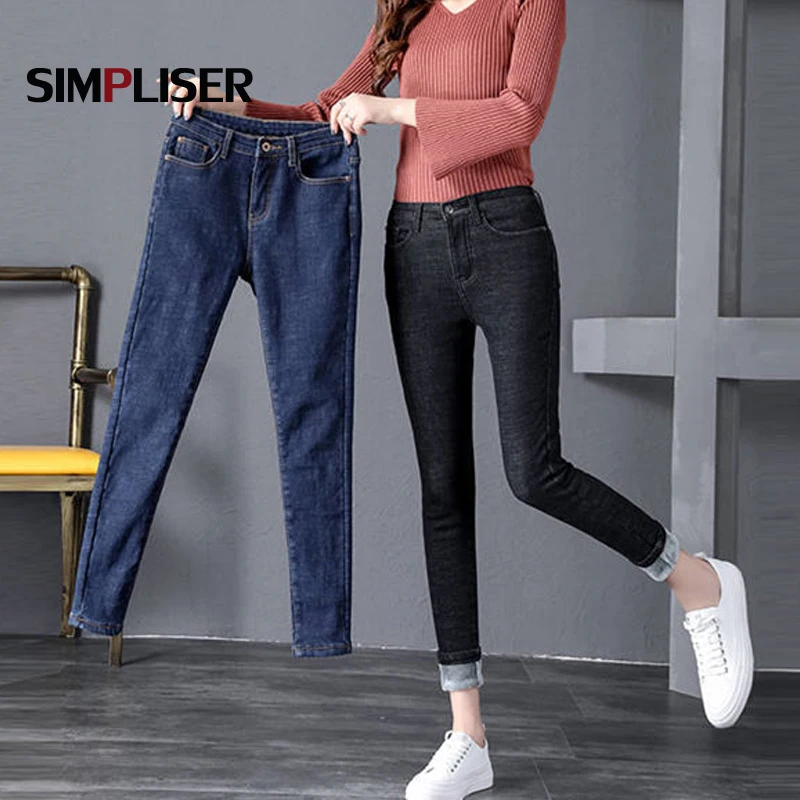 Thick Femme Jeans Winter Warm Denim Blue Trousers Plus Size 32 Black Pantalon Mom Push Up Sexy Skinny | Женская одежда
