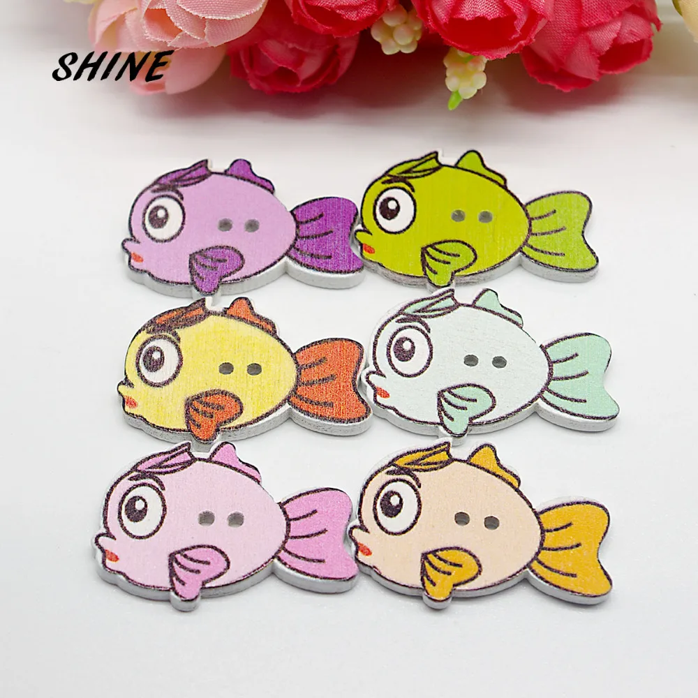 

SHINE Wooden Sewing Buttons Scrapbooking Fish Pattern Mixed 2 Holes Cartoon 34 x 24mm 24 PCs Costura Botones Decorate
