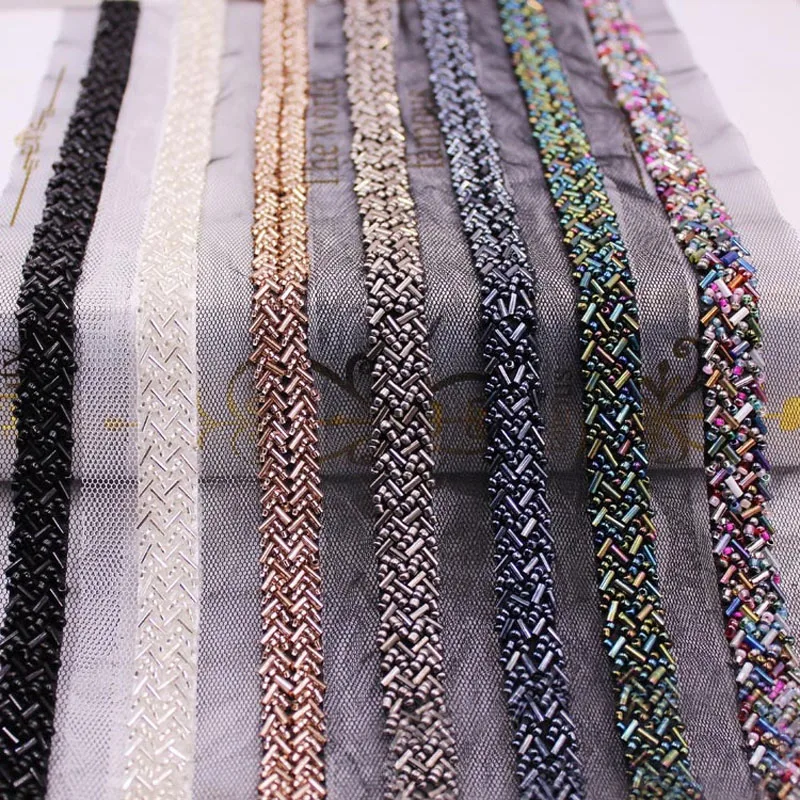 

10Yards Champagne White Black Pearl Beaded Mesh Lace Fabric Applique Braided Lace Ribbon Trim Collar For Wedding Dress