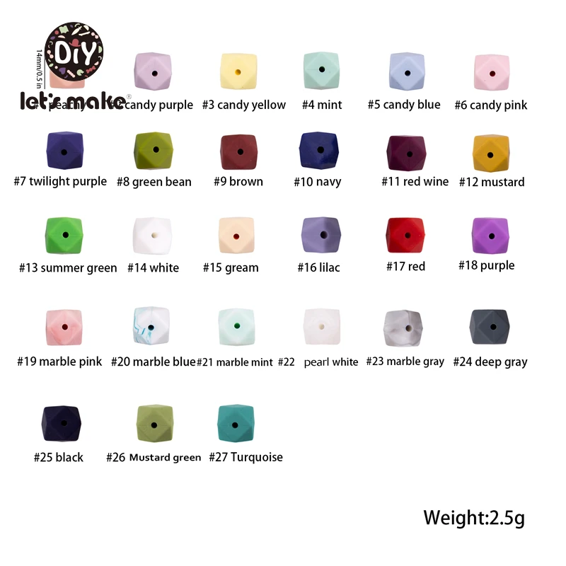 Let's Make Silicone Beads Hexagon Beads 14mm 10pc Food Grade Silicone Teether DIY Pacifier Clips Beads Necklace Baby Teether