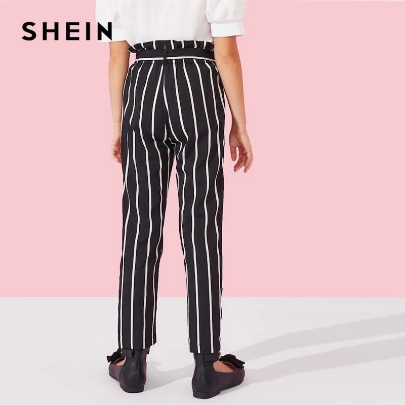 SHEIN/штаны в полоску с эластичной резинкой на талии и поясом для девочек; коллекция года; сезон весна; модные повседневные брюки; элегантные брюки для девочек; детская одежда