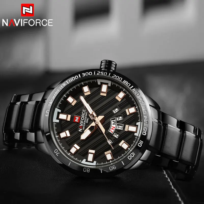NAVIFORCE брендовые кварцевые часы мужские спортивные часы мужские черные календарь из нержавеющей стали 30 м Водонепроницаемые наручные часы Relogio Masculino