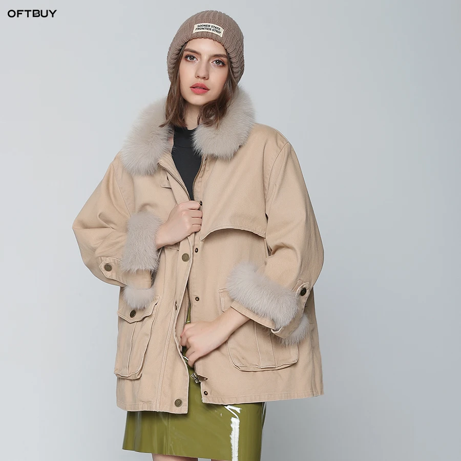 Женская длинная куртка OFTBUY теплая парка с воротником из натурального меха лисы и