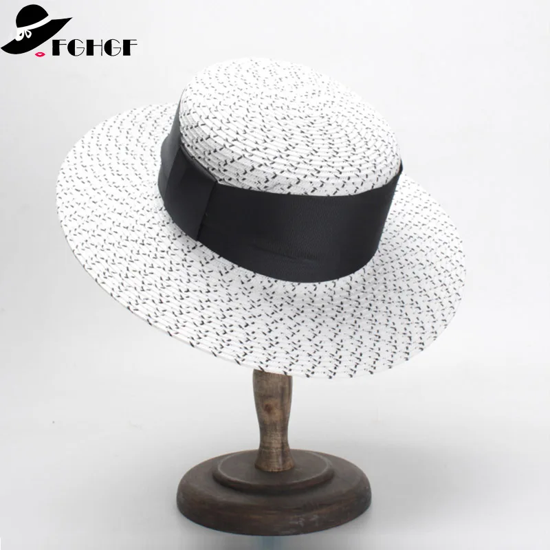 

NEW Classical Women Sun Hat Cap Ribbon Bow Paper Straw Hat White Black Wide Brim Kentucky Derby Hat Summer Boater Hat Beach Cap