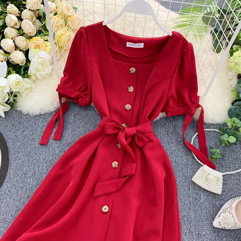 ALPHALMODA платье с квадратным воротником и короткими рукавами, французское Ретро однобортное платье с поясом и поясом, изящное летнее платье для девушек