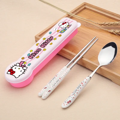 Модная Посуда Столовые приборы посуда разнообразных рисунок «Hello Kitty» Пособия по кулинарии комплект комбинированные вилка и ложка для походов лагерь Кухня Нержавеющая сталь кухонная посуда - Цвет: 4