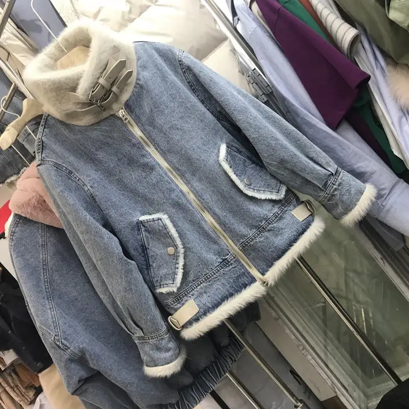 Стильные толстые Шубы Для женщин теплые модные джинсы одежда куртка с капюшоном