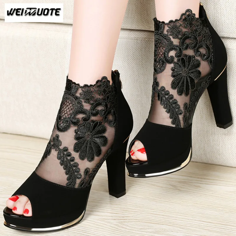 WEINUOTE Women Sandals New High-heeled Shoes Coarse Gauze Lace Fish Mouth Sexy Peep Toe | Обувь