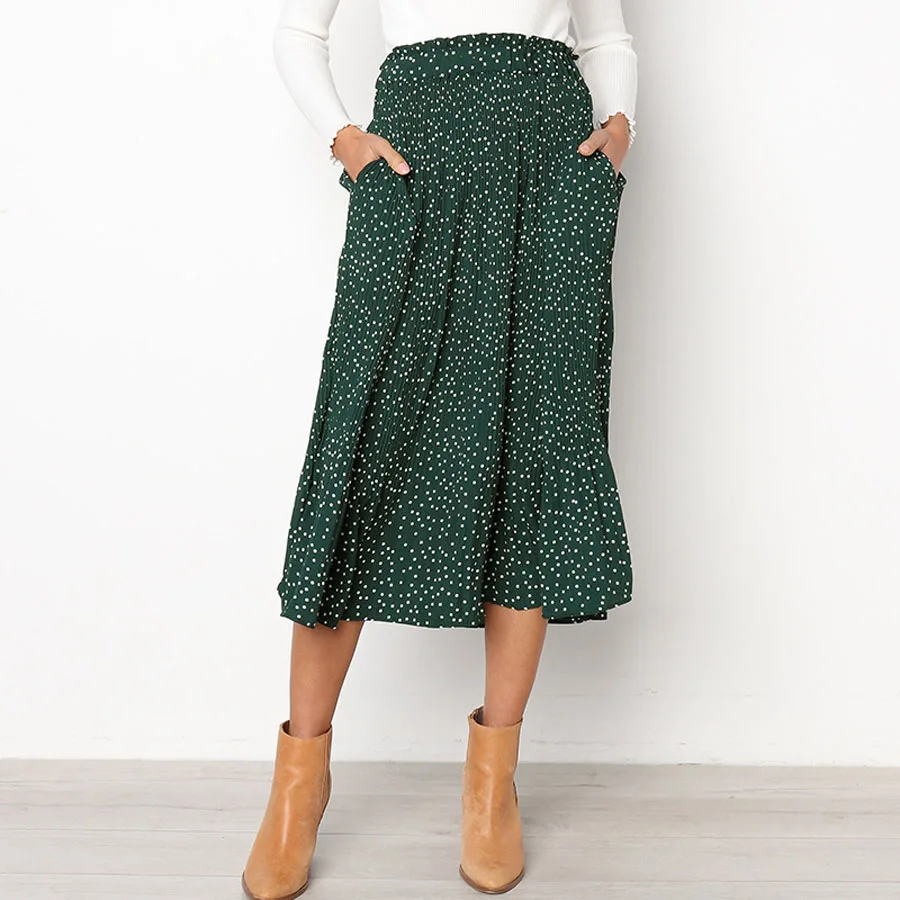 Летние юбки плиссированные шифоновые женские с принтом и карманами вечерние