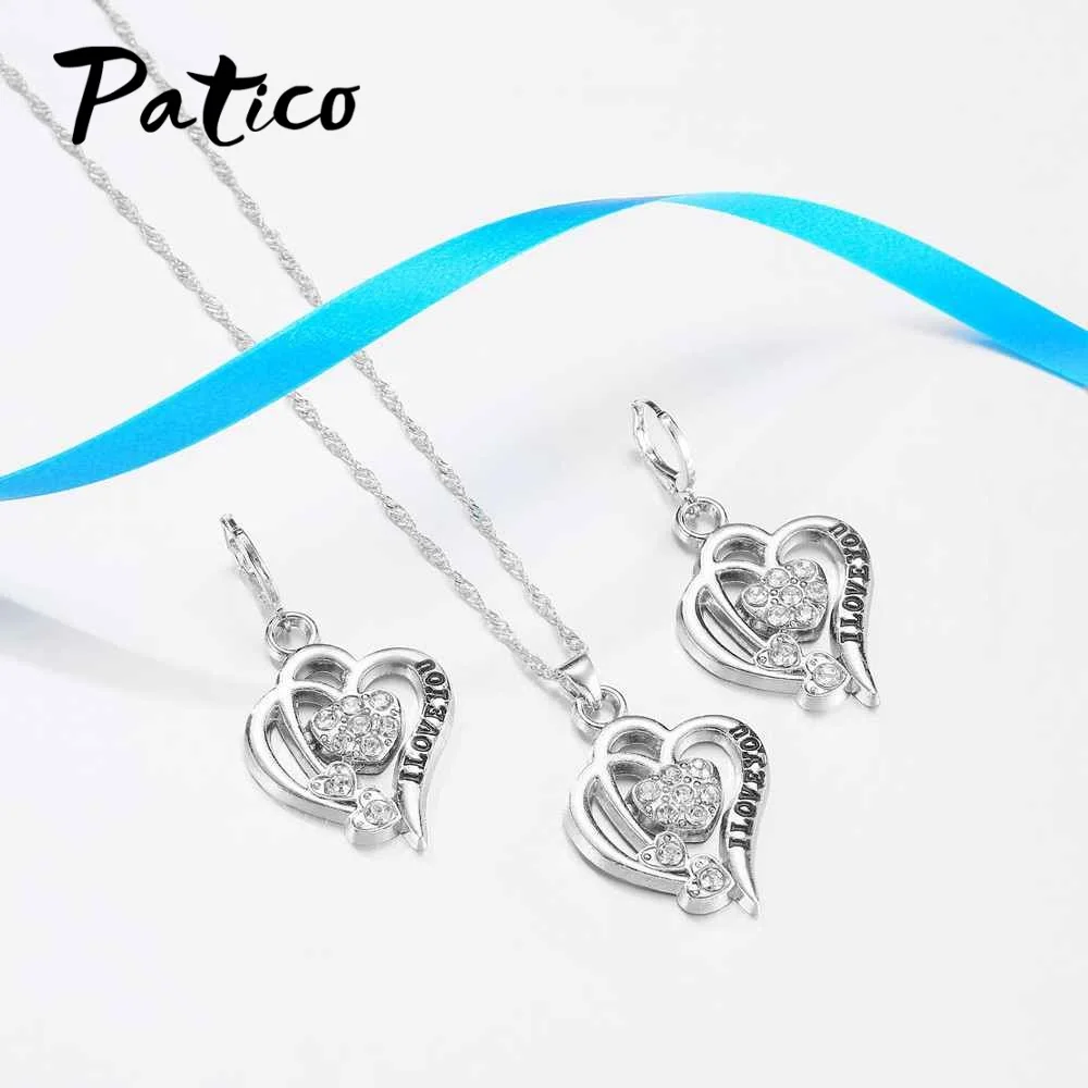 I Love You Heart Necklace Earrings Jewelry Sets for Women Gifts 925 Sterling Silver Cubic Zircon Wedding Engagement Bijou | Украшения и