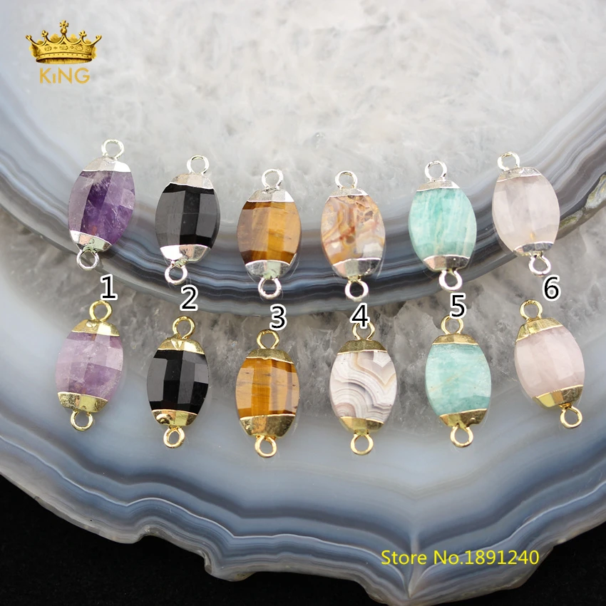 

10 шт. 10x15 мм граненые овальные коннекторы для браслетов ювелирных изделий, покрытые натуральными камнями Золотые/Серебристые бусы звенья ожерелье DSS90