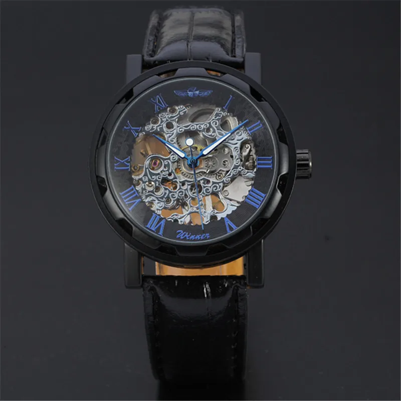 Мужские механические часы скелетоны Winner наручные мужские с кожаным ремешком