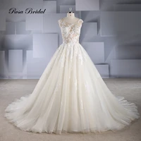 rosabridal a line wedding dress o neck cap sleeves backless beading lace appliques nude tulle gown with court train tail