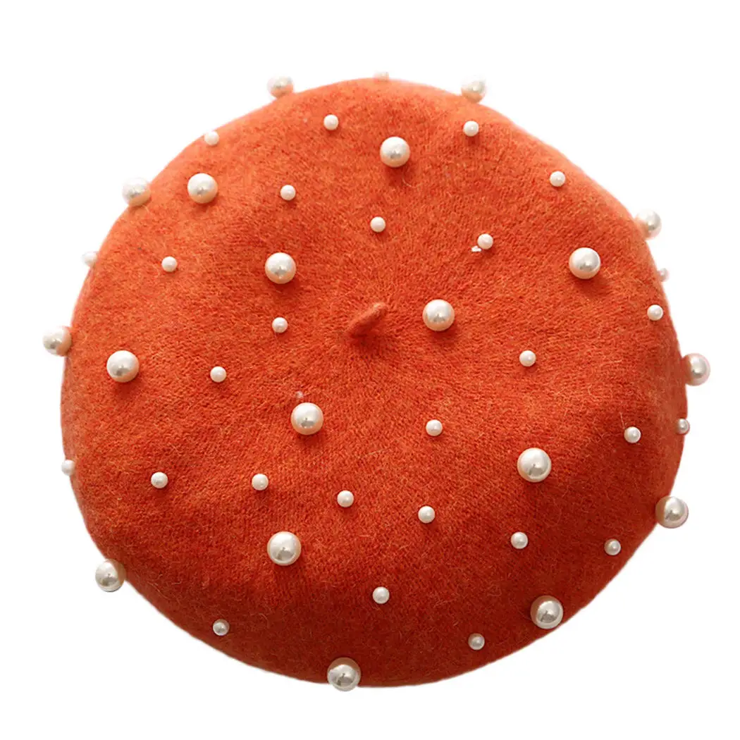 Orange Милая шляпа художника для девочек, Модный берет с жемчугом для женщин, Классическая Шапка художника s, Осень-зима, теплые жемчужные бусы, шапка Feminina - Цвет: Orange