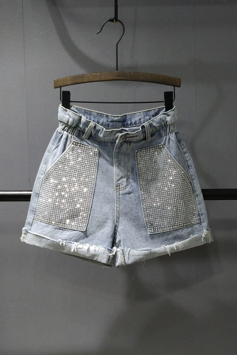 

2019 New Spring and Summer Women's High Waist Denim Shorts Double Pockets Hot Drill Wide Leg Pants Loose Short Jeans