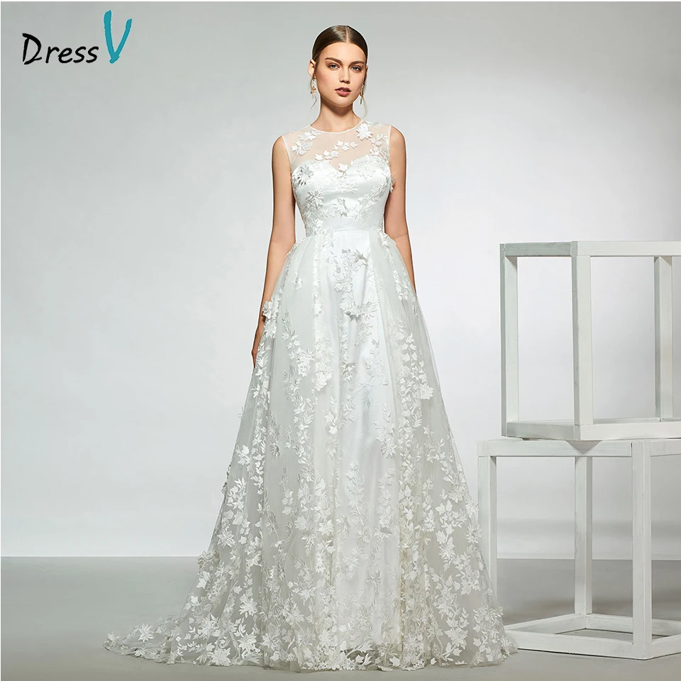 

Dressv elegant sample scoop neck a line appliques wedding dress sleeveless floor length simple bridal gowns wedding dress