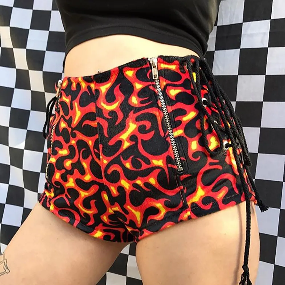 

Harajuku Women's Shorts Fire Print Double Zipper High Waist Slim Strap Sexy Casual Shorts for Female Summer Fashion Tumblr