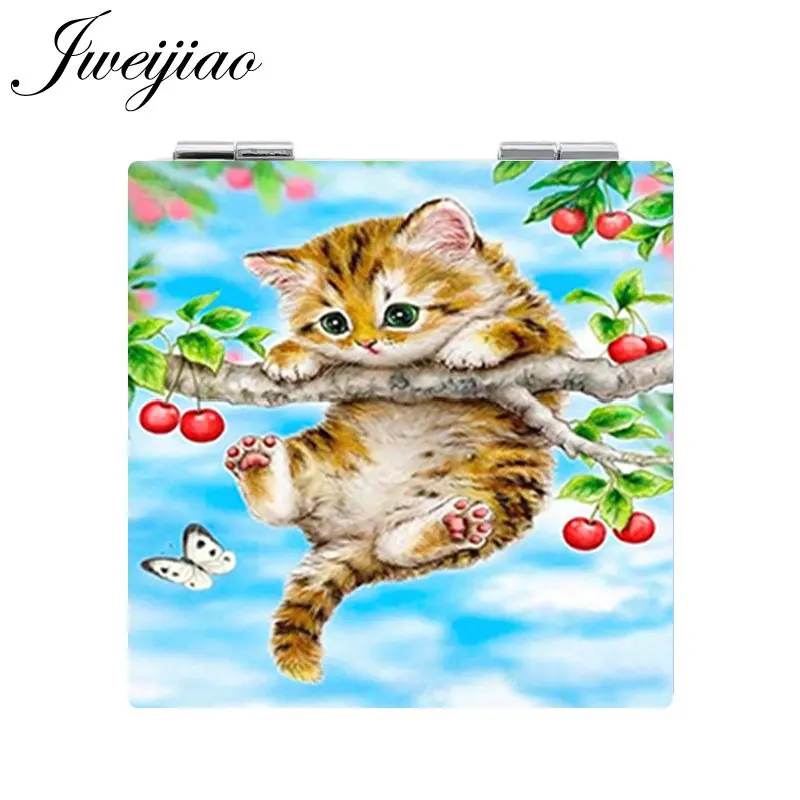 E180 JWEIJIAO карманное зеркало с изображением кота, изображение милых животных, косметическое зеркало, мини-складное квадратное 1 х/2 х увеличительное зеркало из искусственной кожи - Цвет: E180