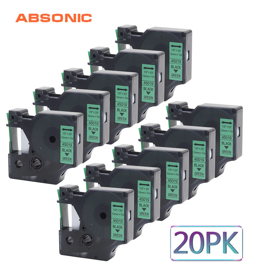 Absinic 20 шт 12 мм заправки ленты DYMO D1 45019 черный на зеленый совместимый с LabelManager PnP 160