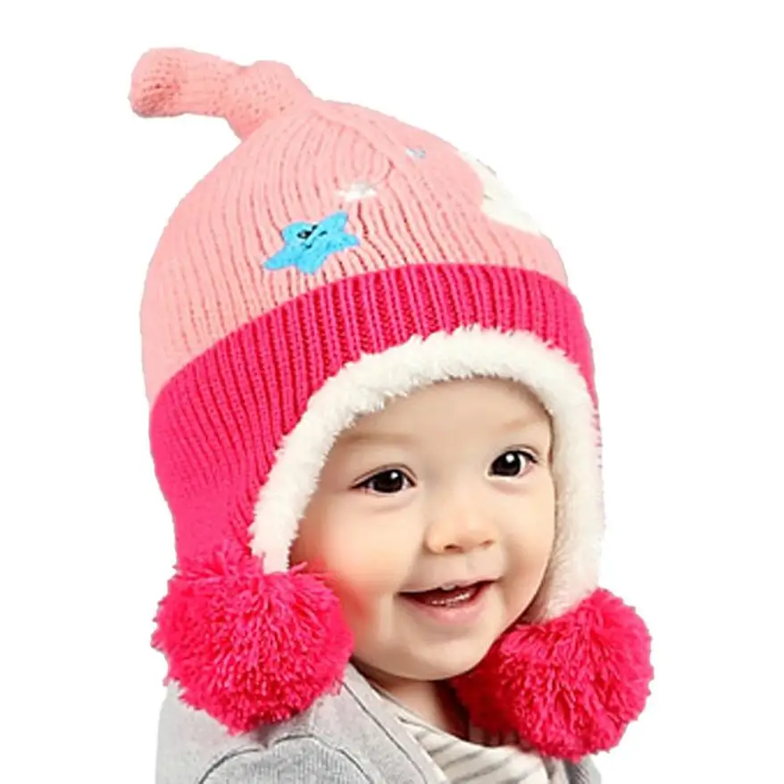 2018 Baby Accessories Stars Moon Printed Cartoon Knitted Winter Warm Cap Kids Hat Newborn Photography Props Fotografia | Детская одежда