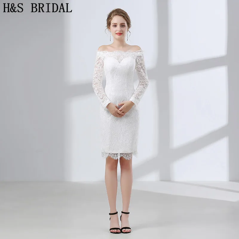 

H&S BRIDAL Long Sleeve short wedding dress Boat Neck Lace Wedding Dresses Mini Wedding Gown 2018 vestido de noiva