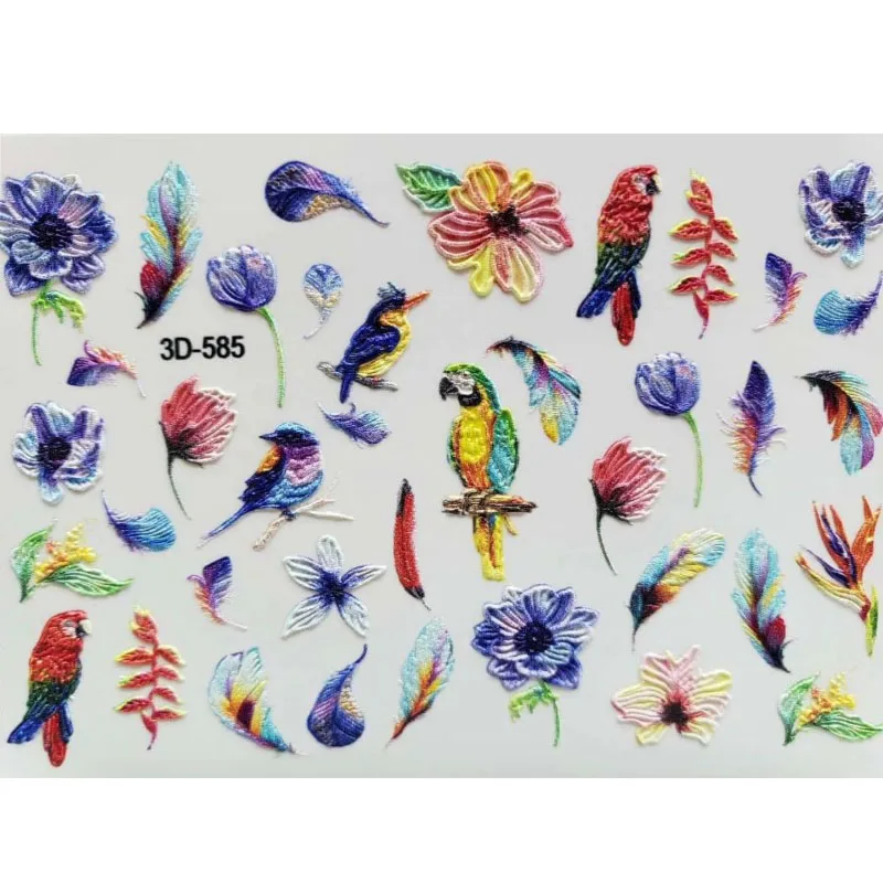 Акриловые 3D наклейки для ногтей с выгравированными цветами рельефные зеленые