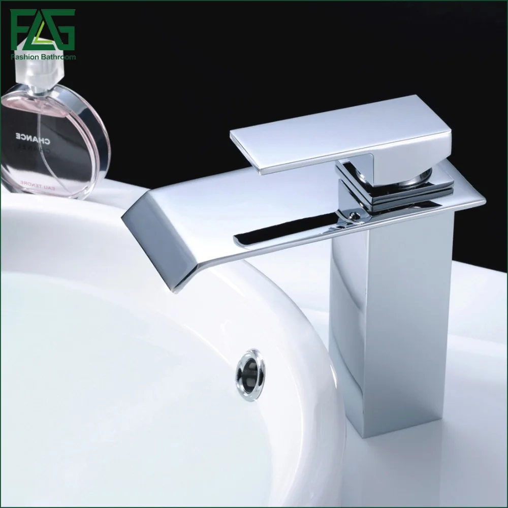 

FLG Waterfall Bathroom Faucet Chrome Cast Bath Tap Cold Hot Deck Mounted Square Vessel Faucet Sink Wash Basin faucet