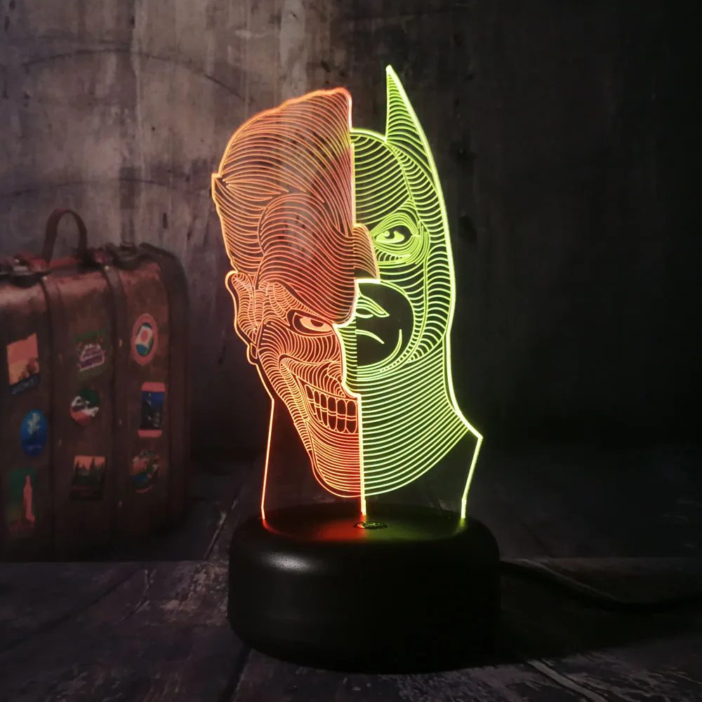 DC Бэтмен и клоун 3D светодиодный RGB Ночной светильник смешанный двойной цвет 7 цветов Настольная лампа для сна Декор для спальни Рождественский подарок для детей блеск