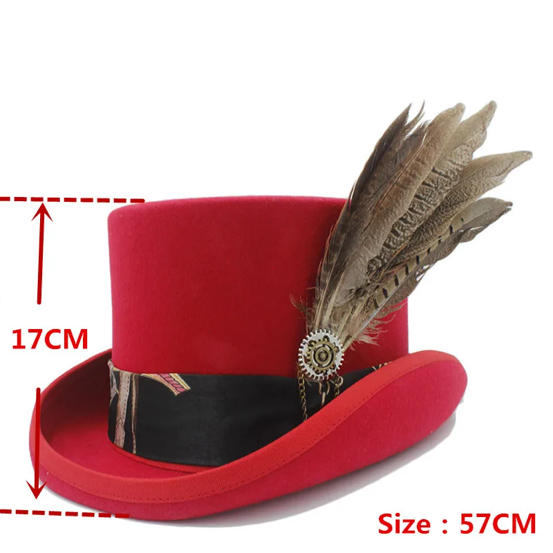 17 см(6,7 дюйма) стимпанк Top Hat/викторианской эпохи ручной работы кожа шерсть фетровых шляпа/шляпа цилиндр/Chimne шляпа дропшиппинг - Цвет: Red 57CM