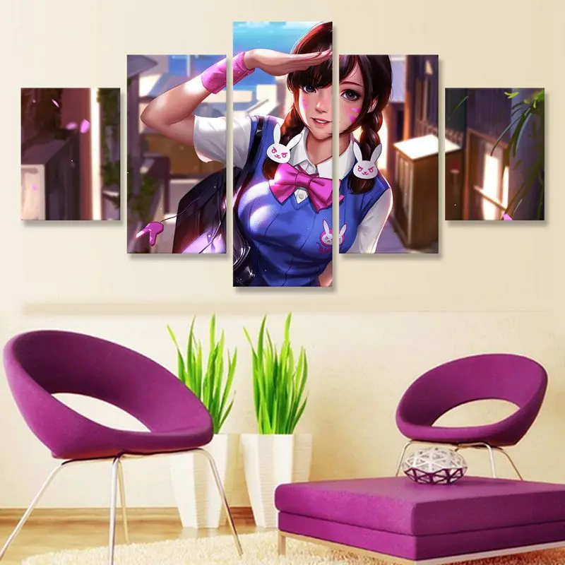 Overwatchs D.Va настенная живопись 5 панелей холст Художественная печать плакат