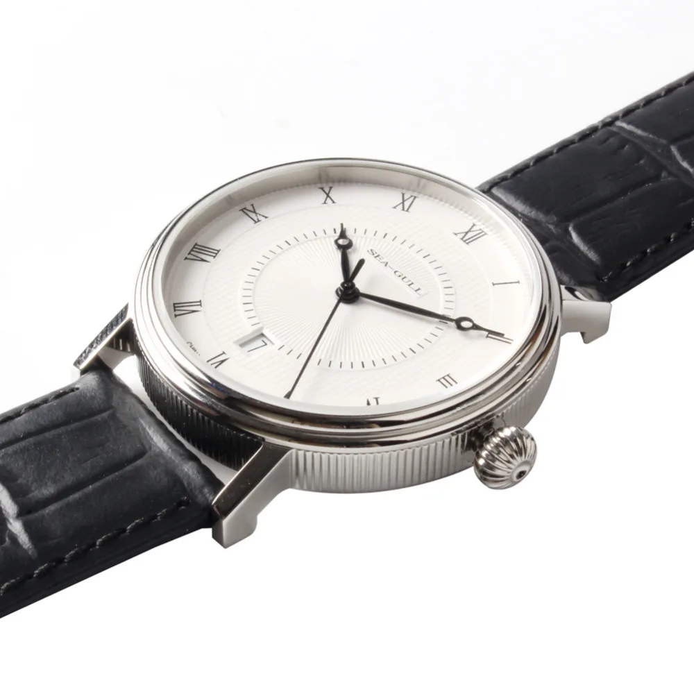 Мужские автоматические часы с римскими цифрами кожаным ремешком черного цвета