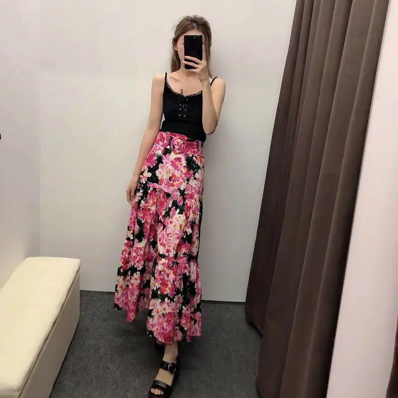 Женская Длинная Юбка Лето 2019 Новая мода винтажный цветочный принт пояс
