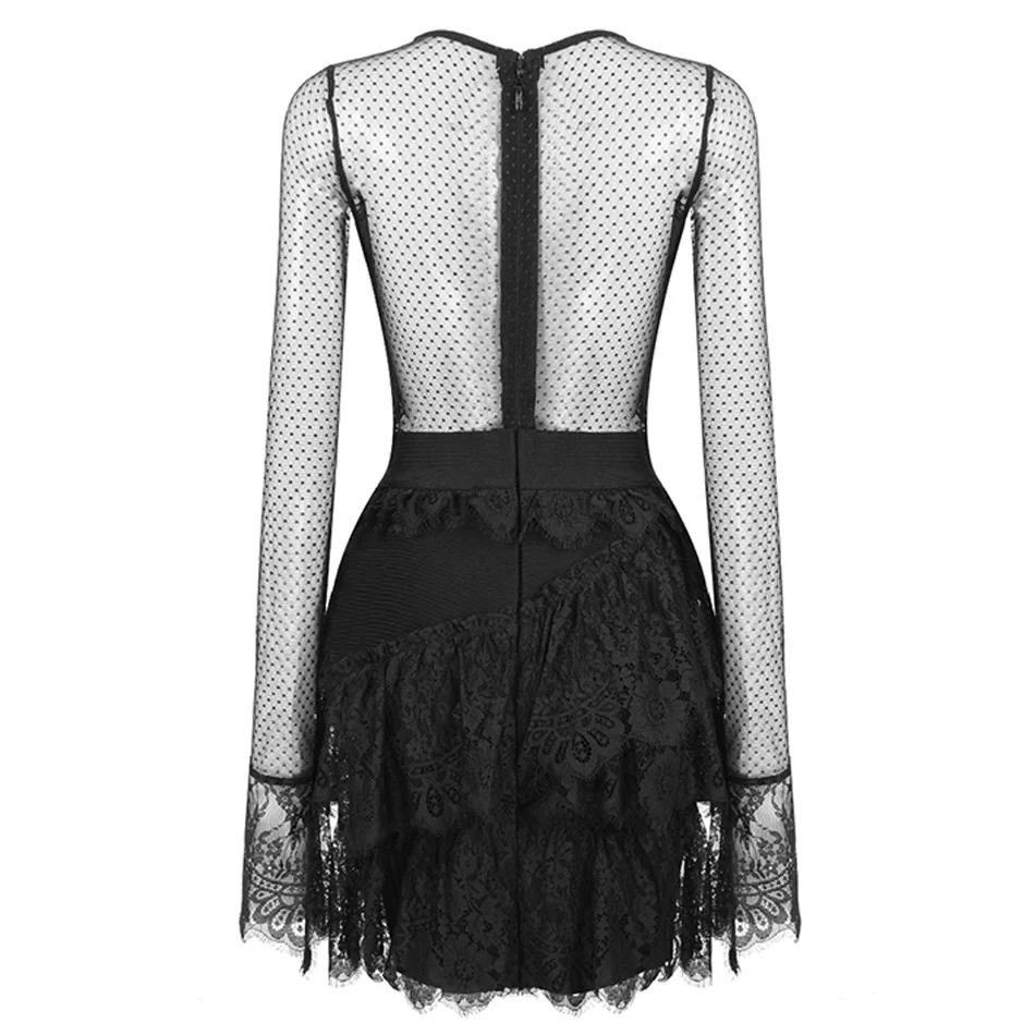Элегантное кружевное платье в горошек с оборками черное прозрачное длинными