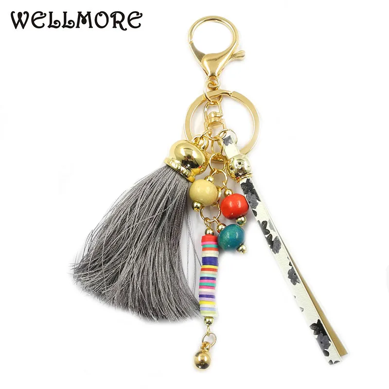 WELLMORE boho кожаный Длинная кисточка цветной сплав брелок для женщин девушек сумка