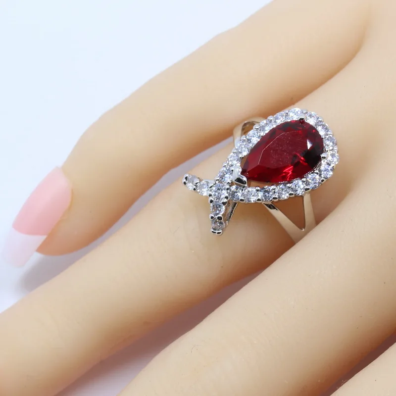 Ювелирный Набор серебряного цвета красный гранат кольцо с белым цирконием
