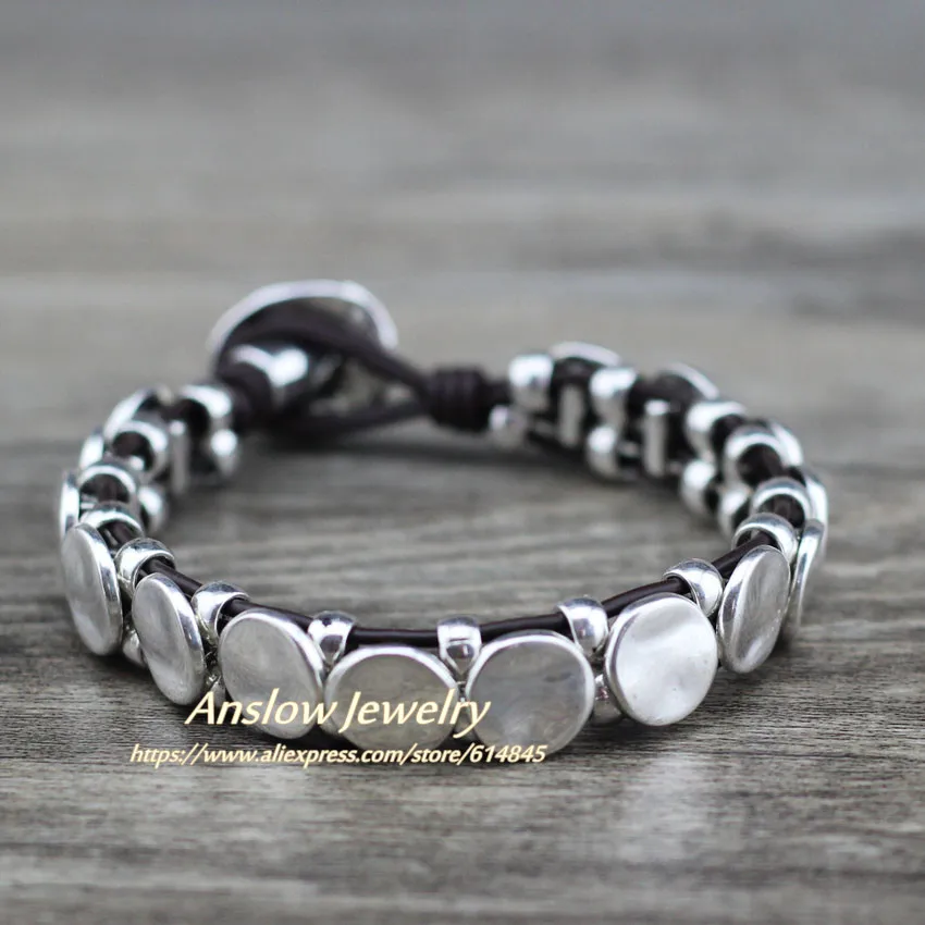 Round Anslow New Punk Rock Bijoux Fashion Jewelry Vintage Antique Silver Plated Leather Bracelet For Women Men Unisex Gift LOW0709LB - Окраска металла: Round